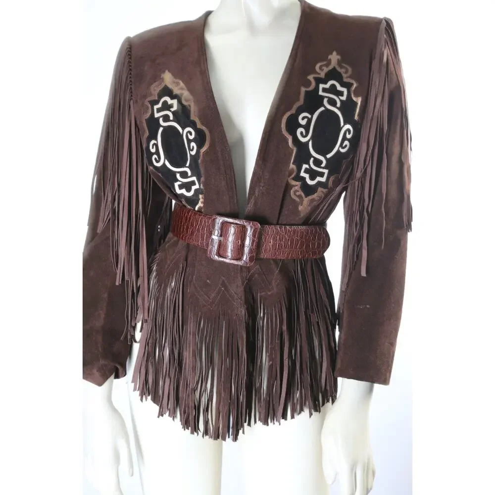 Vintage Brown Suede Fringe Western Jacket XS Boho Embroidered Statement Piece - Picture 14 of 16